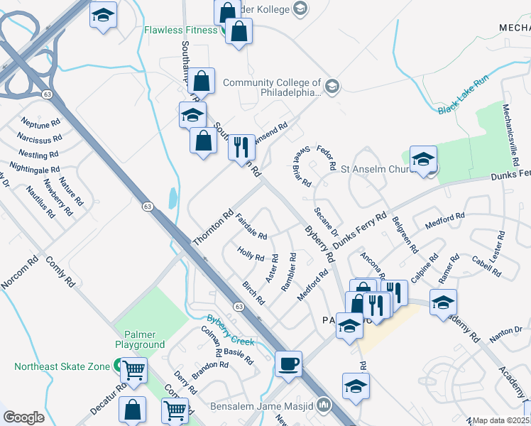 map of restaurants, bars, coffee shops, grocery stores, and more near 3112 Morning Glory Road in Philadelphia