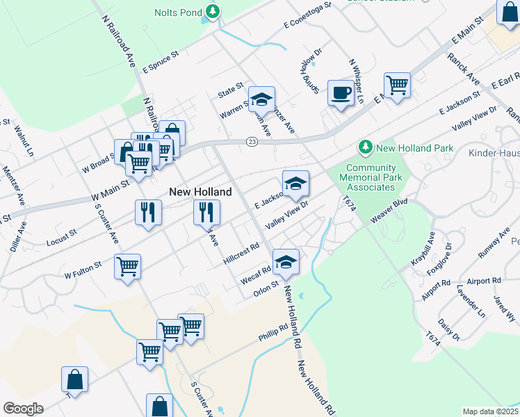 map of restaurants, bars, coffee shops, grocery stores, and more near 312 East Jackson Street in New Holland