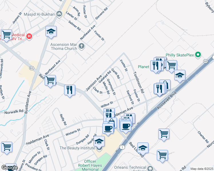 map of restaurants, bars, coffee shops, grocery stores, and more near 1861 Merlin Road in Philadelphia