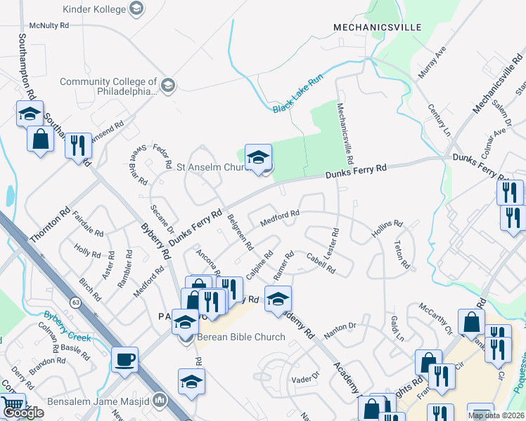 map of restaurants, bars, coffee shops, grocery stores, and more near 3206 Danley Road in Philadelphia