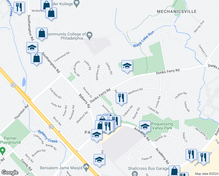 map of restaurants, bars, coffee shops, grocery stores, and more near 12437 Dunks Ferry Road in Philadelphia