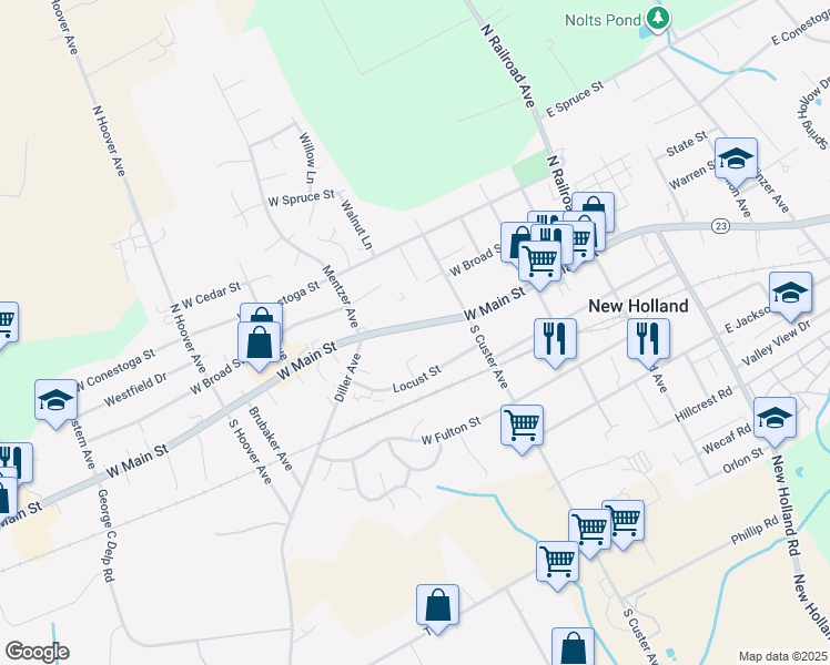 map of restaurants, bars, coffee shops, grocery stores, and more near 234 West Main Street in New Holland