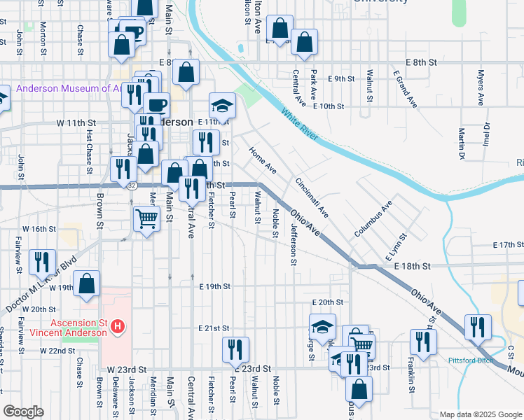 map of restaurants, bars, coffee shops, grocery stores, and more near 1506 Walnut Street in Anderson