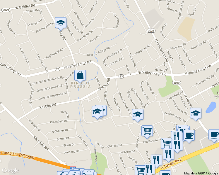 map of restaurants, bars, coffee shops, grocery stores, and more near 468 Springhouse Road in King of Prussia