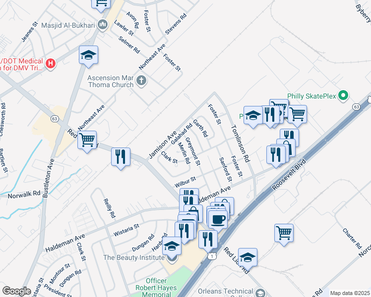 map of restaurants, bars, coffee shops, grocery stores, and more near 1861 Merlin Road in Philadelphia