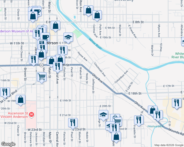 map of restaurants, bars, coffee shops, grocery stores, and more near 1521 Ohio Avenue in Anderson
