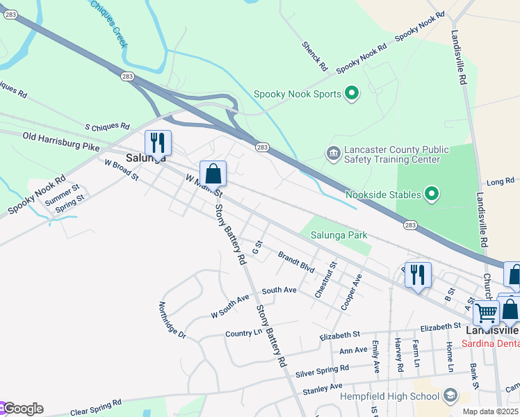 map of restaurants, bars, coffee shops, grocery stores, and more near 45 West Main Street in Salunga-Landisville