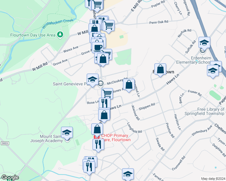 map of restaurants, bars, coffee shops, grocery stores, and more near 9 Jones Avenue in Flourtown