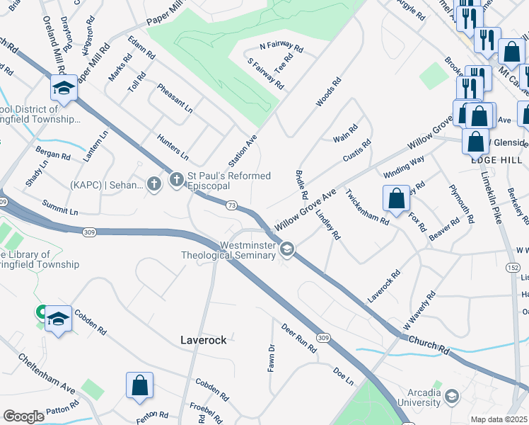 map of restaurants, bars, coffee shops, grocery stores, and more near 711 Custis Road in Glenside