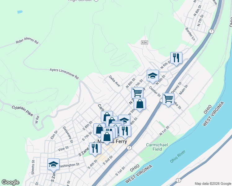 map of restaurants, bars, coffee shops, grocery stores, and more near 815 Seabrights Lane in Martins Ferry