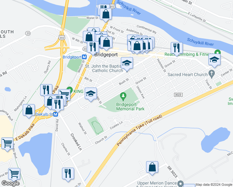 map of restaurants, bars, coffee shops, grocery stores, and more near 713 Grove Street in Bridgeport