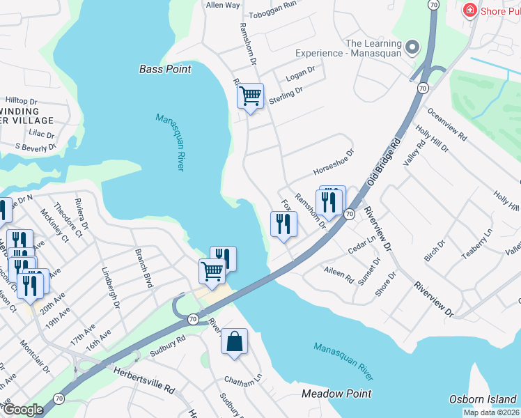 map of restaurants, bars, coffee shops, grocery stores, and more near 2643 River Road in Manasquan