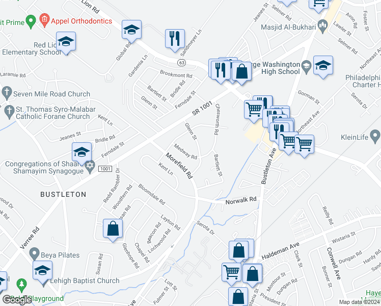 map of restaurants, bars, coffee shops, grocery stores, and more near 1145 Medway Road in Philadelphia