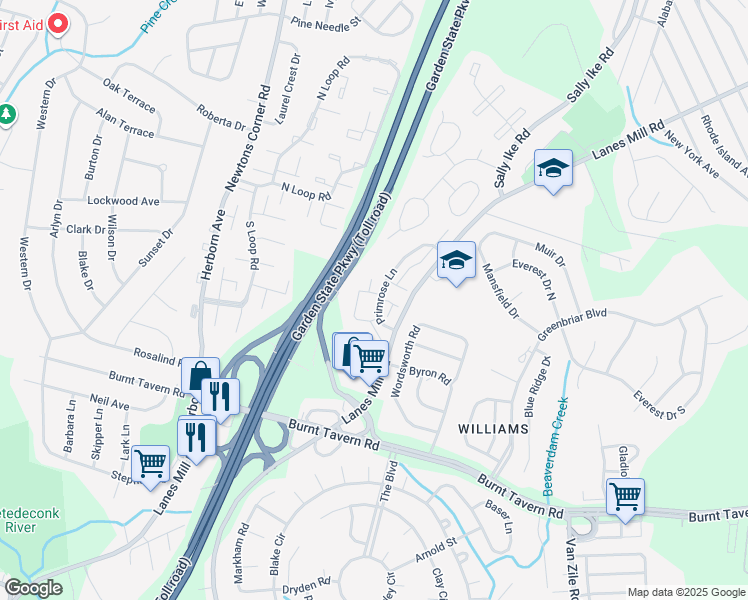 map of restaurants, bars, coffee shops, grocery stores, and more near 111 Primrose Lane in Brick Township