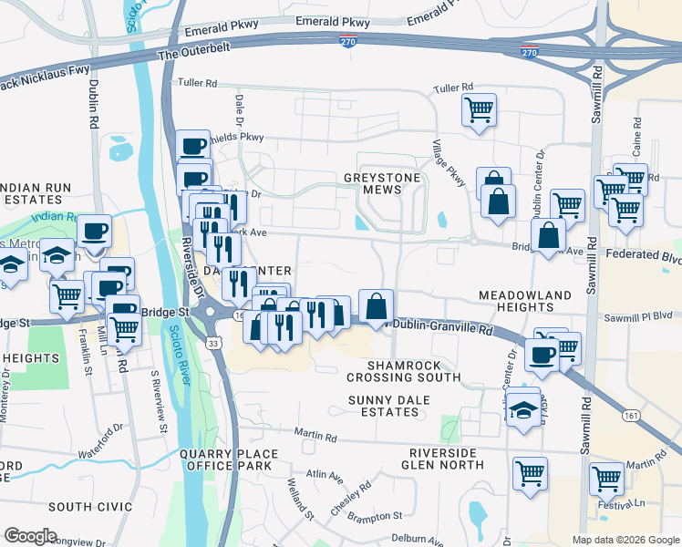 map of restaurants, bars, coffee shops, grocery stores, and more near 1 Dave Thomas Boulevard in Dublin