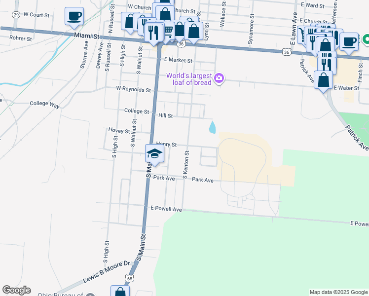map of restaurants, bars, coffee shops, grocery stores, and more near 215 Henry Street in Urbana