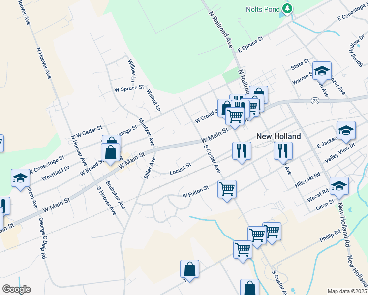 map of restaurants, bars, coffee shops, grocery stores, and more near 234 West Main Street in New Holland