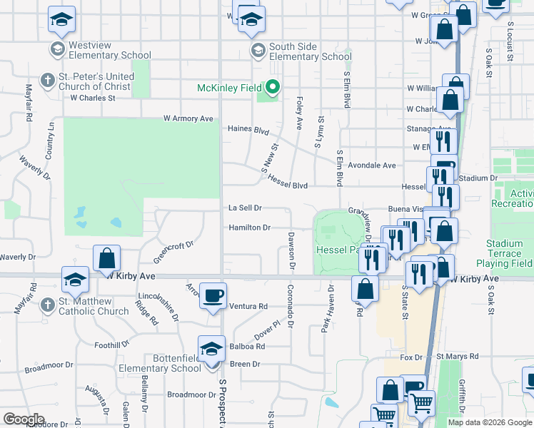 map of restaurants, bars, coffee shops, grocery stores, and more near 707 La Sell Drive in Champaign