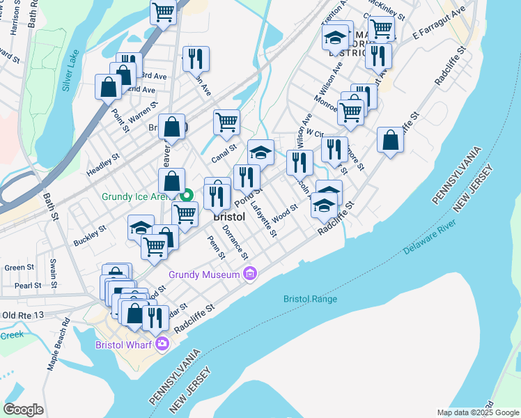map of restaurants, bars, coffee shops, grocery stores, and more near 333 Lafayette Street in Bristol