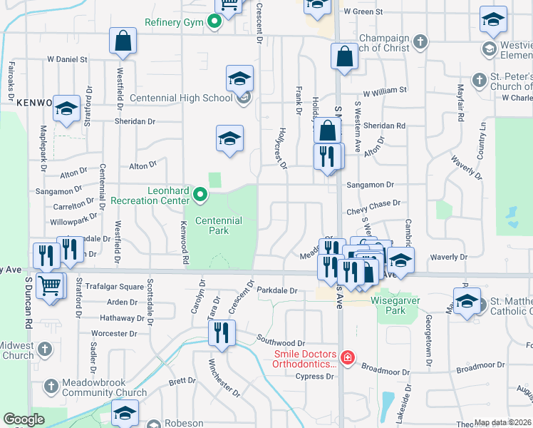 map of restaurants, bars, coffee shops, grocery stores, and more near 2018 Greendale Drive in Champaign