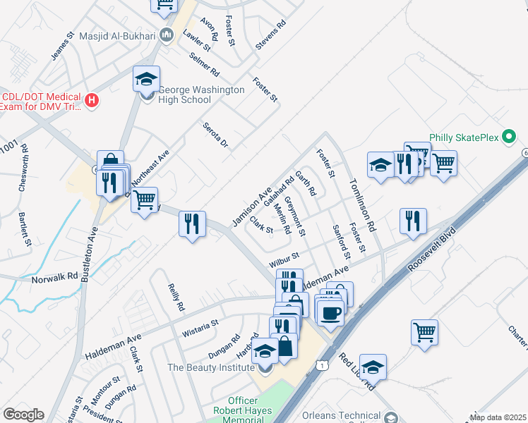 map of restaurants, bars, coffee shops, grocery stores, and more near 10109 Galahad Road in Philadelphia