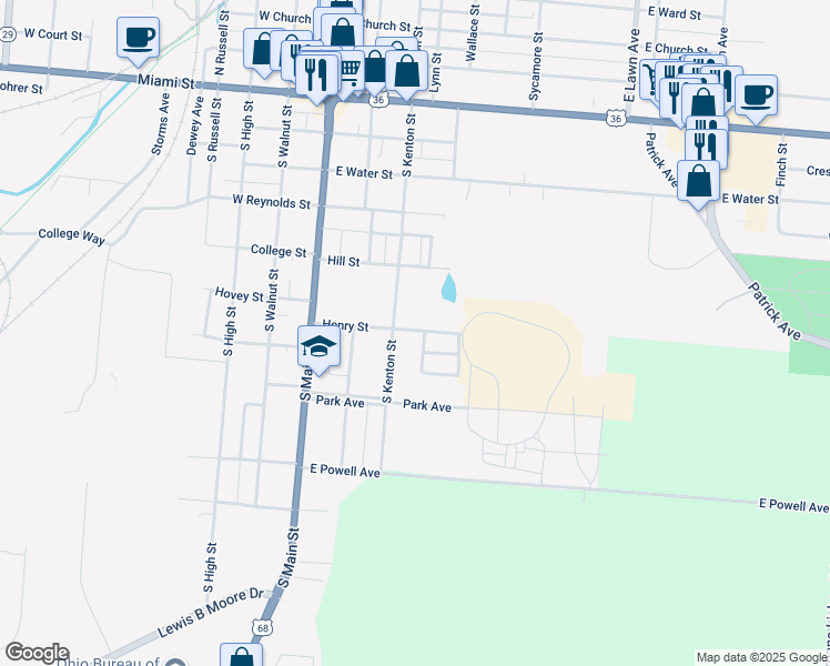 map of restaurants, bars, coffee shops, grocery stores, and more near 319 Henry Street in Urbana