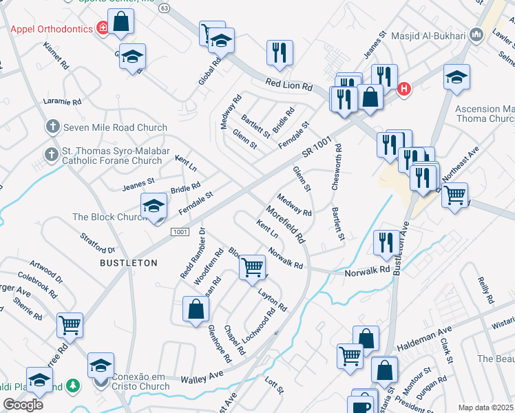 map of restaurants, bars, coffee shops, grocery stores, and more near 1116 Morefield Road in Philadelphia
