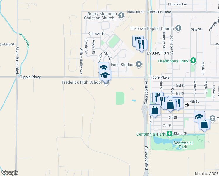 map of restaurants, bars, coffee shops, grocery stores, and more near 5690 Tipple Parkway in Dacono