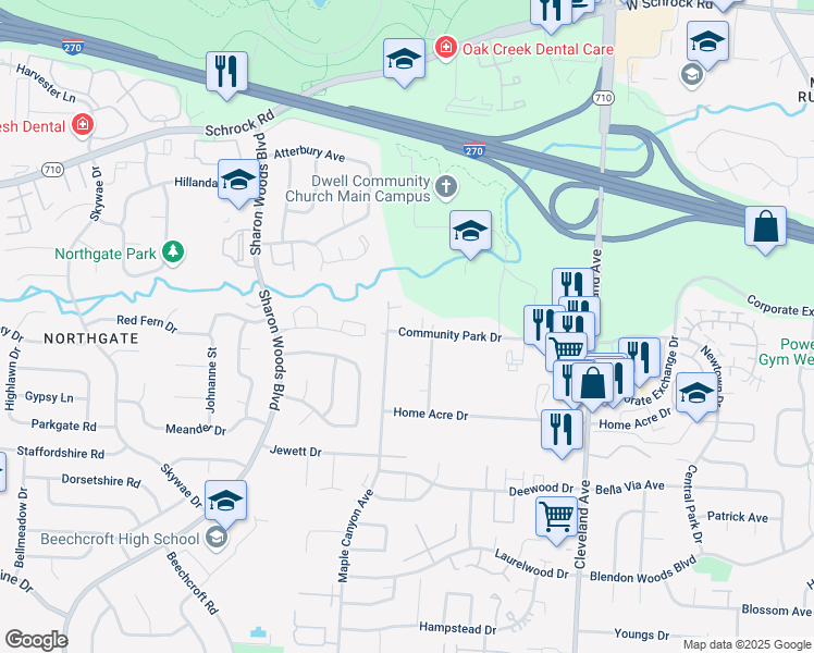 map of restaurants, bars, coffee shops, grocery stores, and more near 1220 Community Park Drive in Columbus