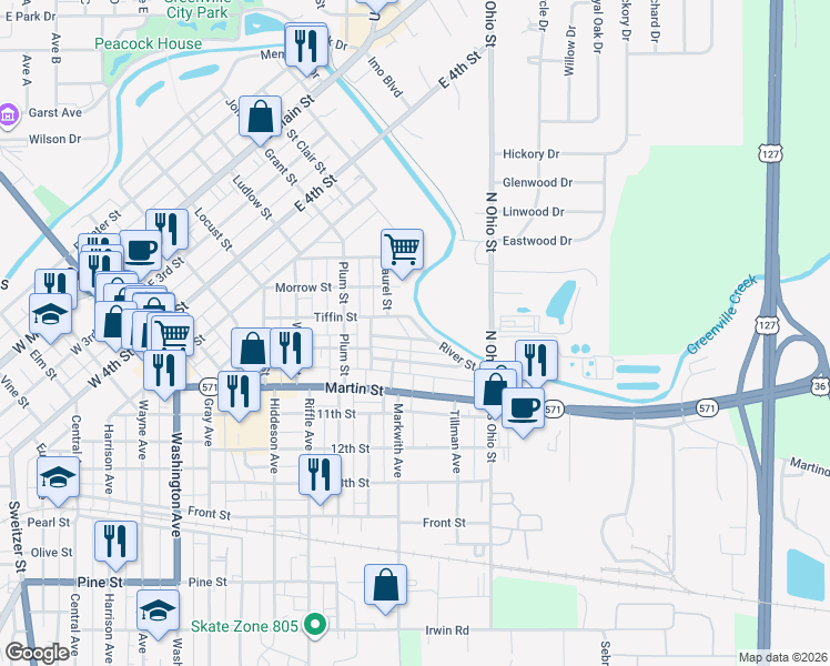 map of restaurants, bars, coffee shops, grocery stores, and more near 116 River St in Greenville