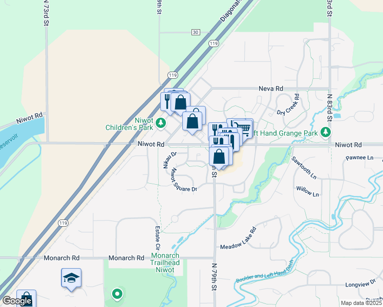 map of restaurants, bars, coffee shops, grocery stores, and more near 6980 Niwot Square Drive in Longmont