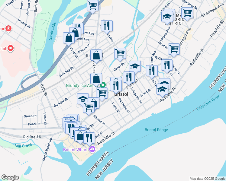 map of restaurants, bars, coffee shops, grocery stores, and more near 424 Dorrance Street in Bristol