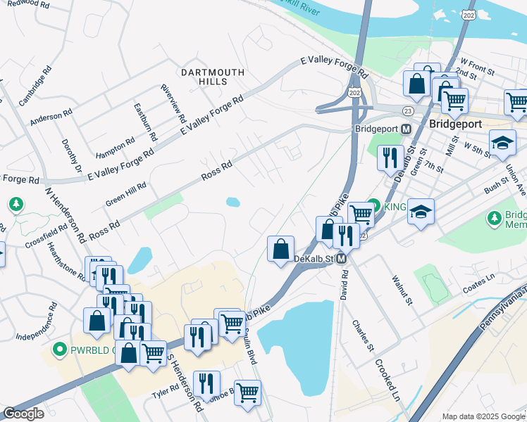 map of restaurants, bars, coffee shops, grocery stores, and more near 240 Lilac Street in King of Prussia
