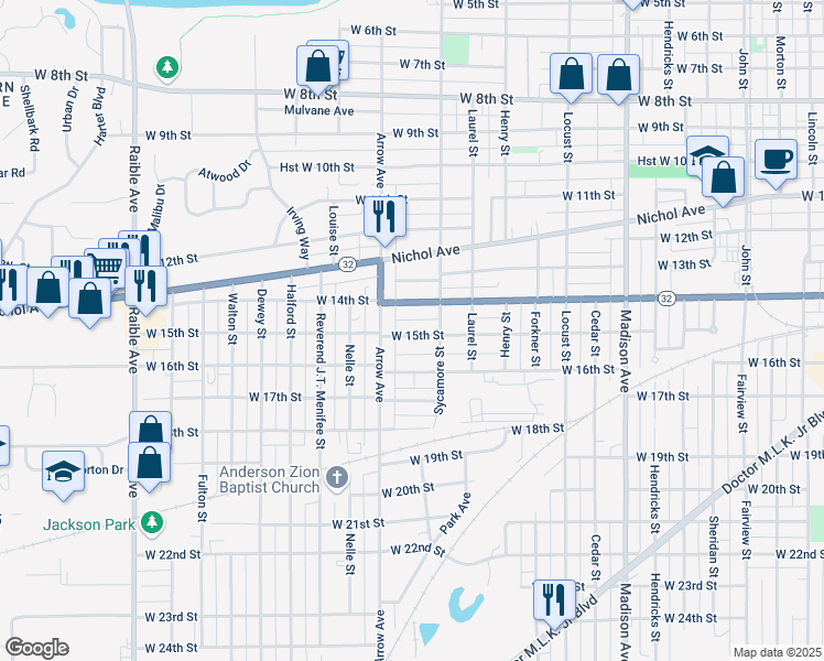 map of restaurants, bars, coffee shops, grocery stores, and more near 1626 West 15th Street in Anderson