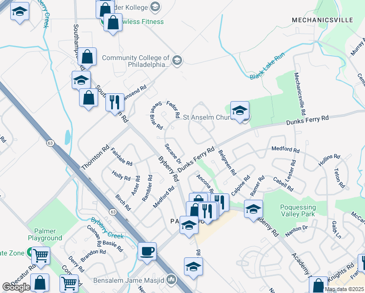 map of restaurants, bars, coffee shops, grocery stores, and more near 12419 Barbary Road in Philadelphia