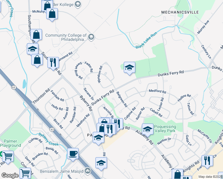 map of restaurants, bars, coffee shops, grocery stores, and more near 12430 Dunks Ferry Road in Philadelphia