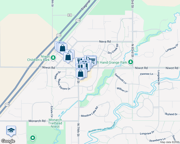 map of restaurants, bars, coffee shops, grocery stores, and more near 7980 Niwot Road in Longmont