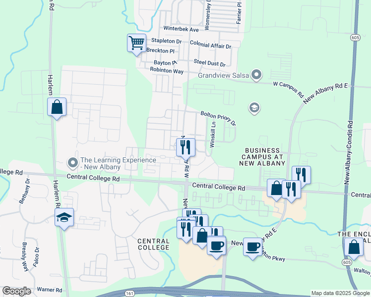 map of restaurants, bars, coffee shops, grocery stores, and more near Churchill Downs Drive in New Albany