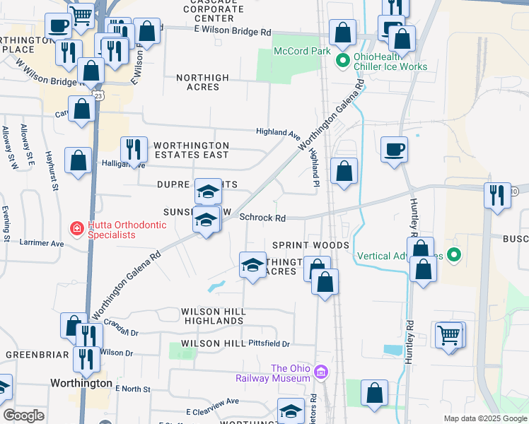 map of restaurants, bars, coffee shops, grocery stores, and more near 300 Schrock Road in Worthington