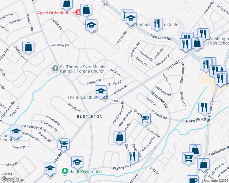 map of restaurants, bars, coffee shops, grocery stores, and more near 9820 Ferndale Street in Philadelphia