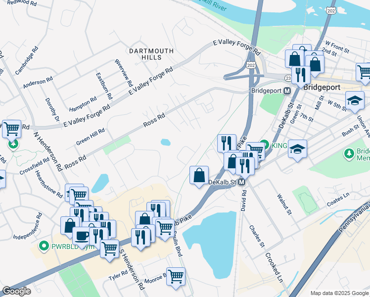 map of restaurants, bars, coffee shops, grocery stores, and more near 240 Lilac Street in King of Prussia