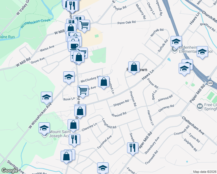 map of restaurants, bars, coffee shops, grocery stores, and more near 46-83 Jones Avenue in Flourtown