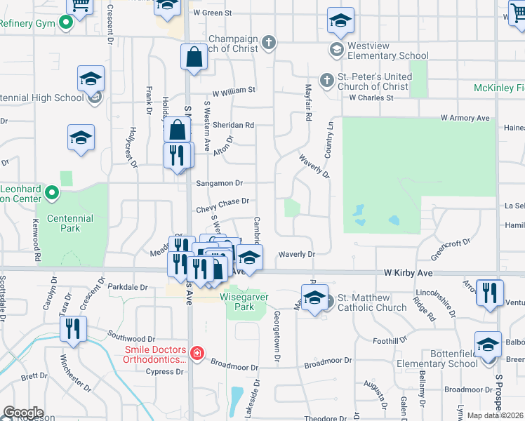 map of restaurants, bars, coffee shops, grocery stores, and more near 1404 Cambridge Drive in Champaign