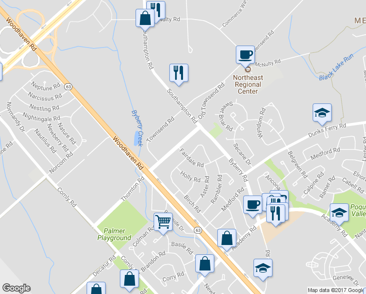 map of restaurants, bars, coffee shops, grocery stores, and more near 12201 Thornton Road in Philadelphia