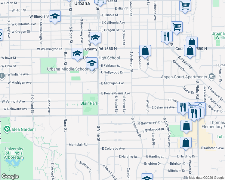 map of restaurants, bars, coffee shops, grocery stores, and more near 406 East Pennsylvania Avenue in Urbana
