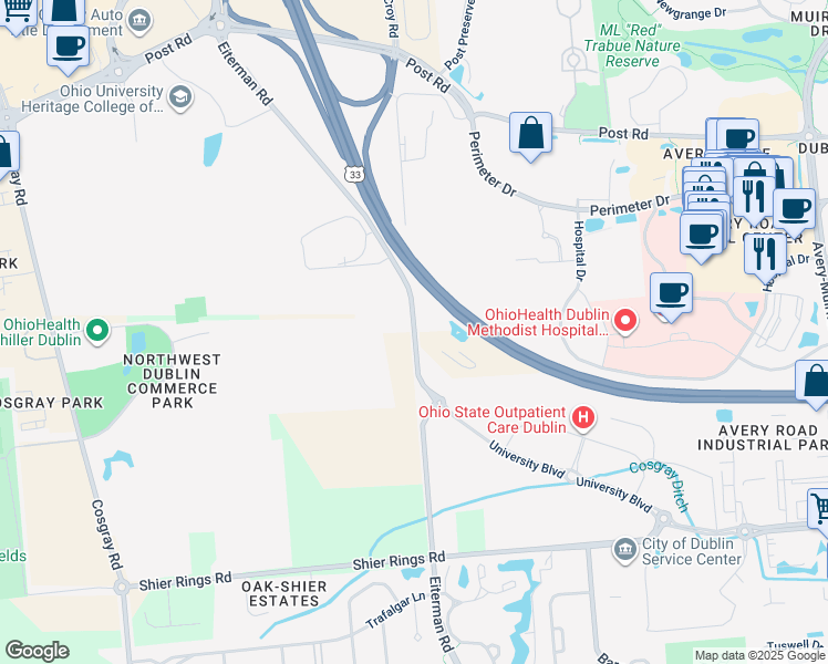map of restaurants, bars, coffee shops, grocery stores, and more near 5675 Eiterman Road in Dublin