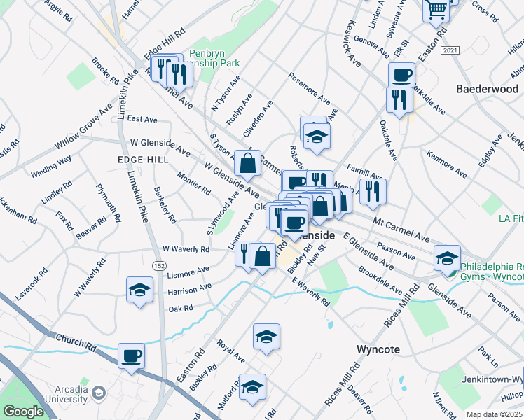 map of restaurants, bars, coffee shops, grocery stores, and more near 115 Lismore Ave in Glenside