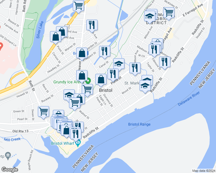 map of restaurants, bars, coffee shops, grocery stores, and more near 398 Washington Street in Bristol