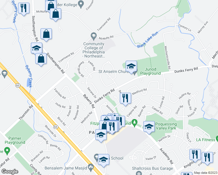 map of restaurants, bars, coffee shops, grocery stores, and more near 12413 Rambler Road in Philadelphia