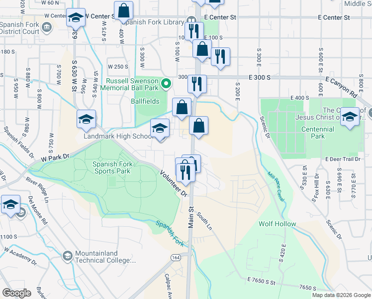 map of restaurants, bars, coffee shops, grocery stores, and more near 640 South Main Street in Spanish Fork